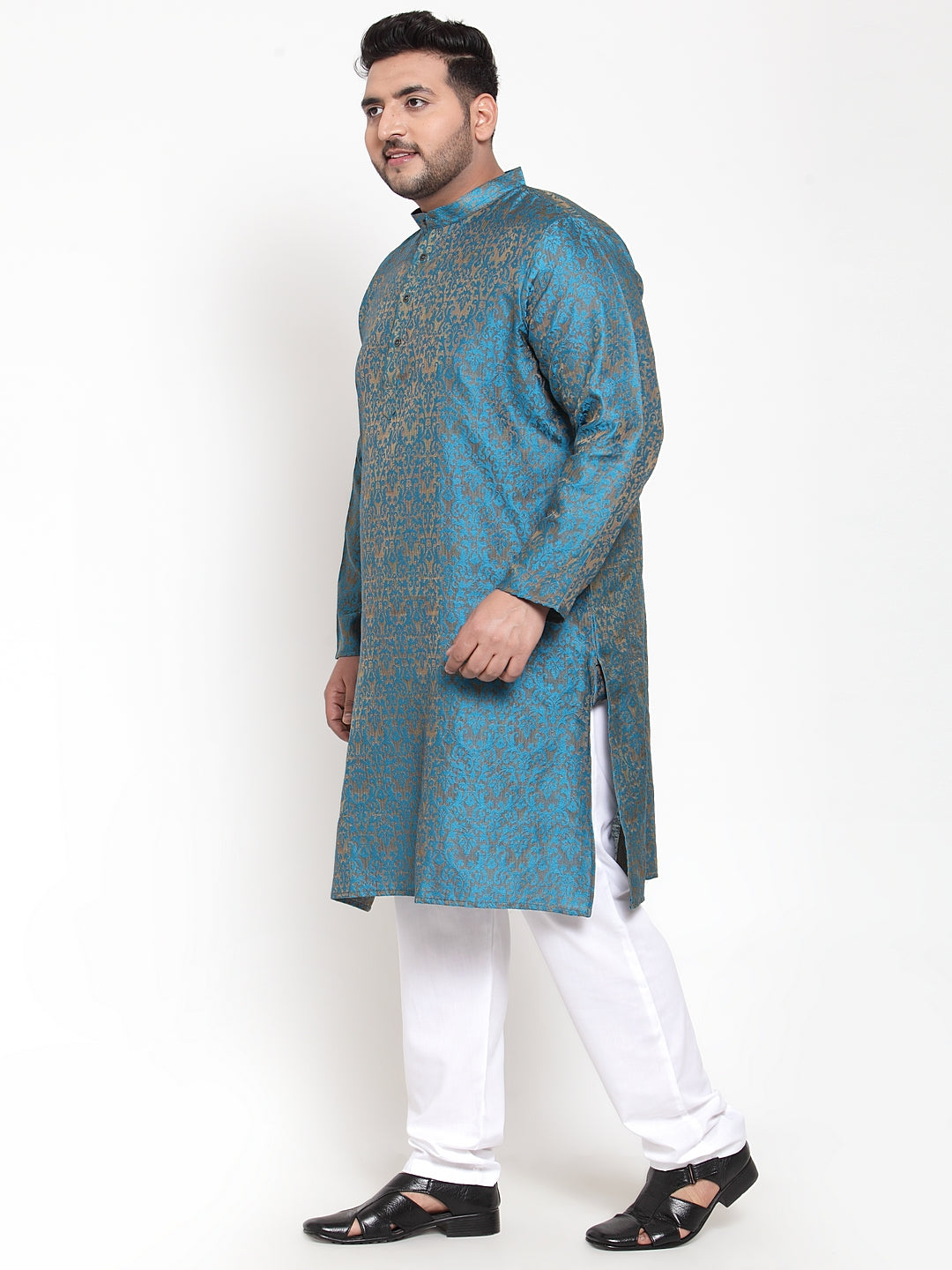 plusS Men Blue  White Self Design Kurta with Pyjamas