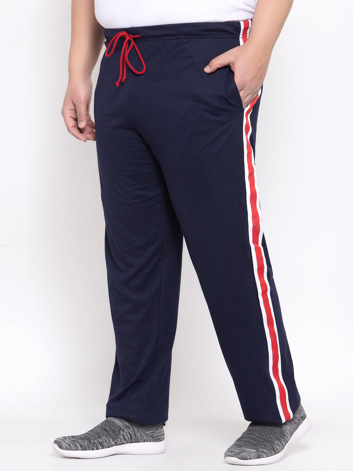 Men Navy Blue & Red Solid Straight-Fit Track Pants