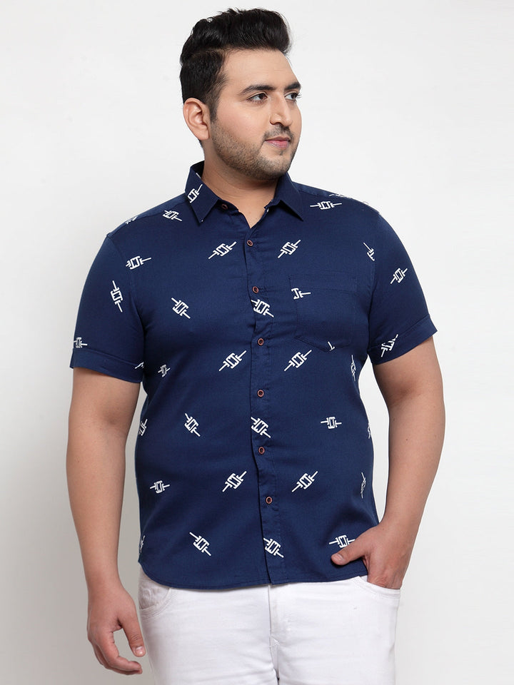 plusS Men Navy Blue Regular Fit Printed Casual Cotton Shirt