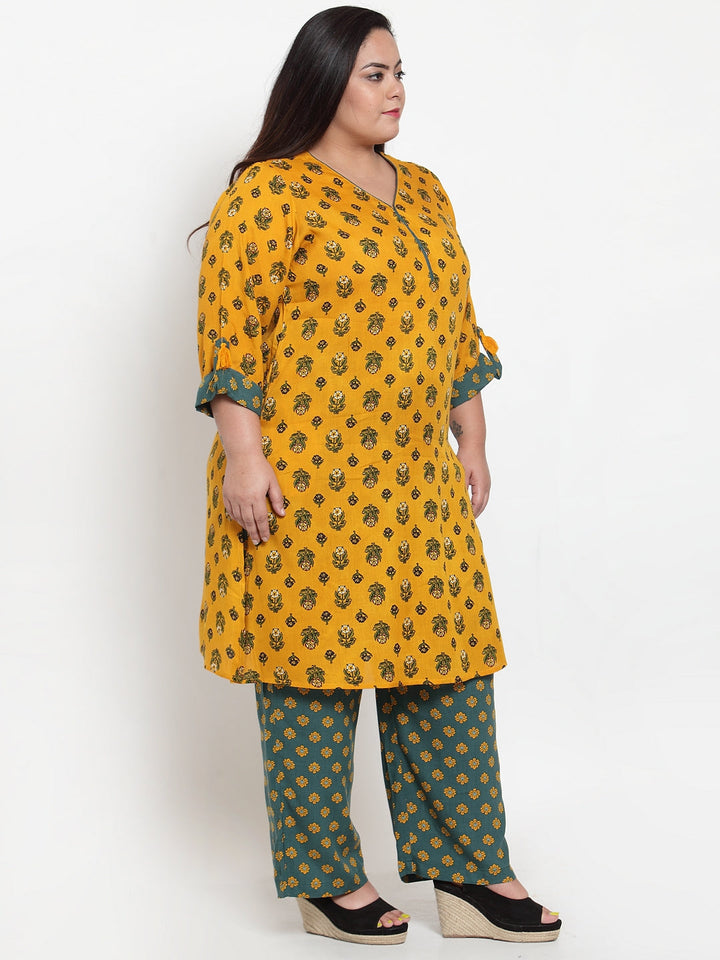 Women Yellow & Green Printed Kurta with Palazzos & Dupatta