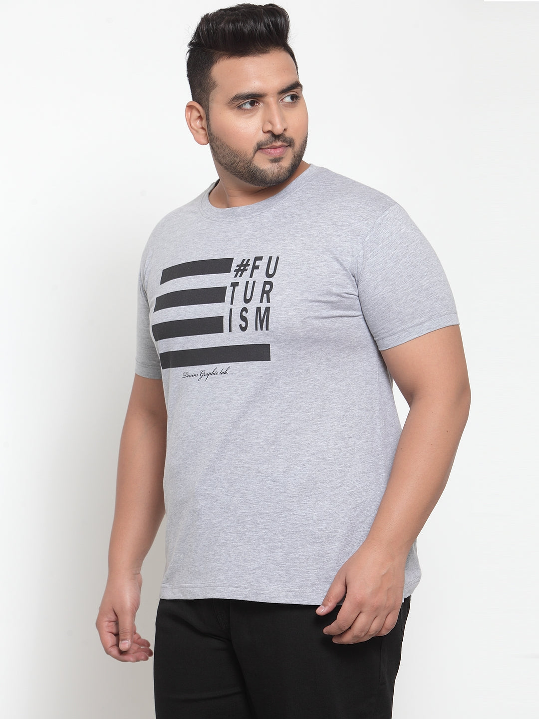 plusS Men Plus Size Grey  Black Graphic Printed T-shirt