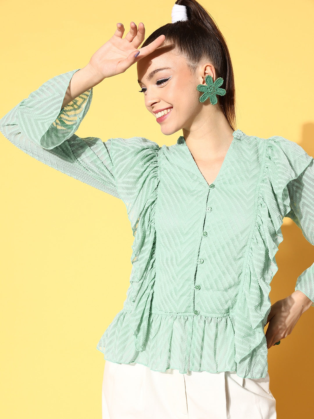 plusS Enchanting Sea Green Abstract Feminine Frills Top