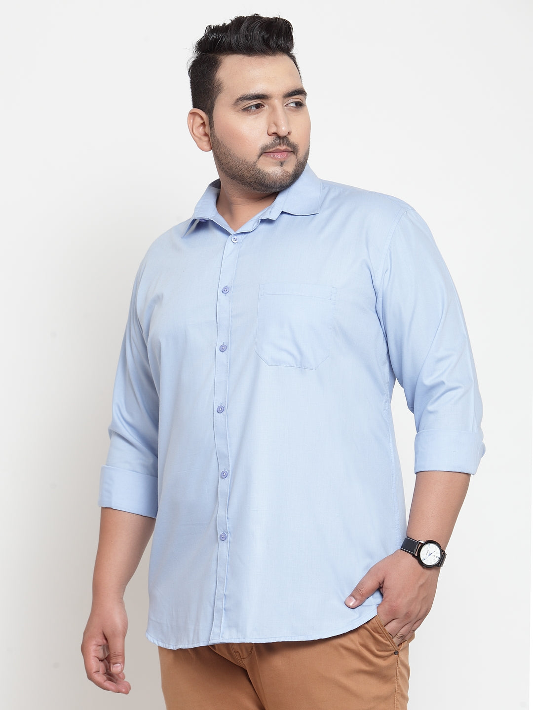 plusS Men Blue Regular Fit Solid Cotton Casual Shirt