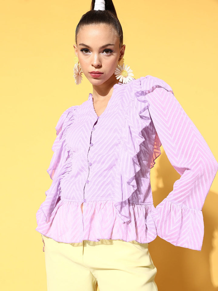 plusS Lavender Vertical Striped Feminine Frills Top