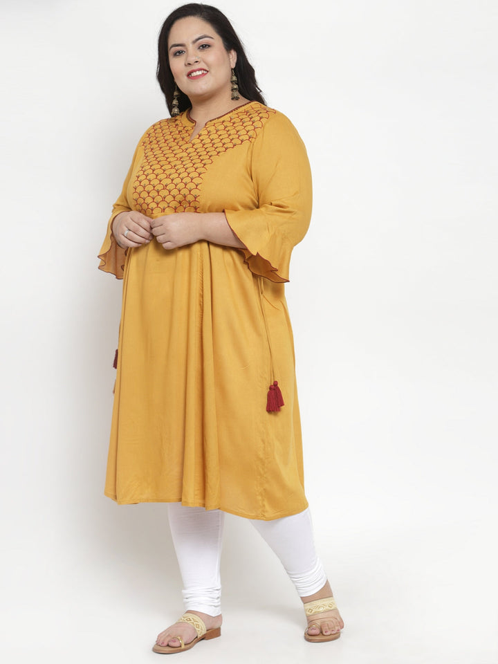 plusS Women Mustard Yellow  Red Yoke Design A-Line Kurta