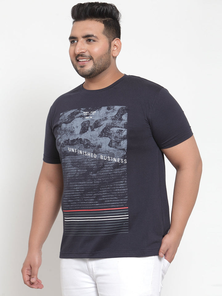 Men Navy Blue Printed Round Neck Pure Cotton T-shirt