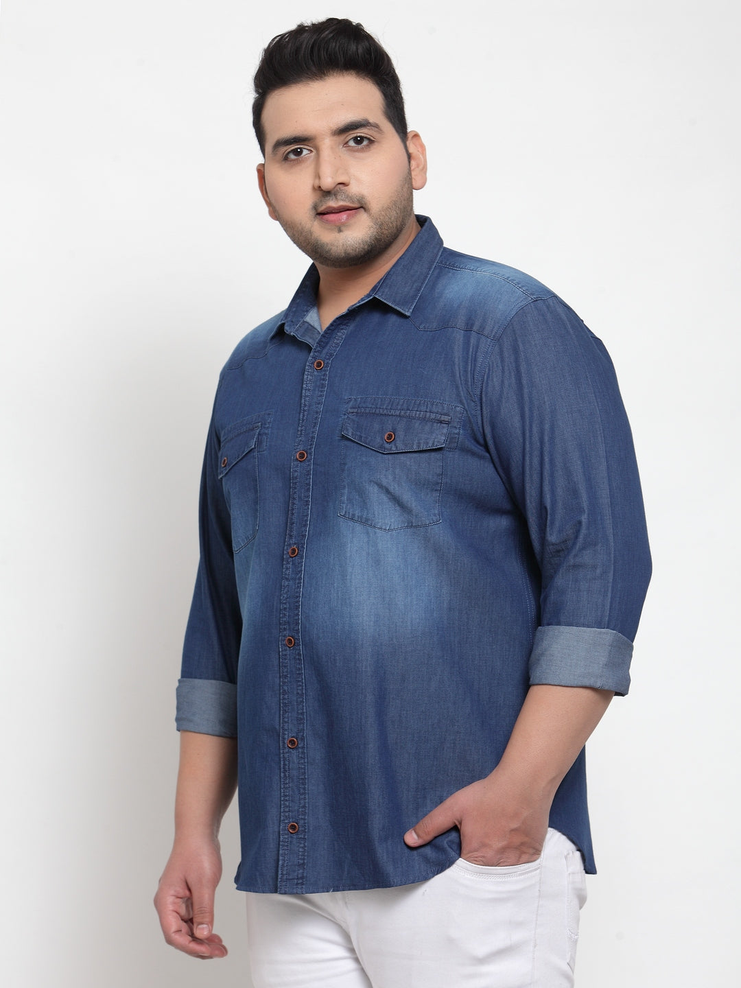 Men Blue Regular Fit Solid Casual Denim Shirt