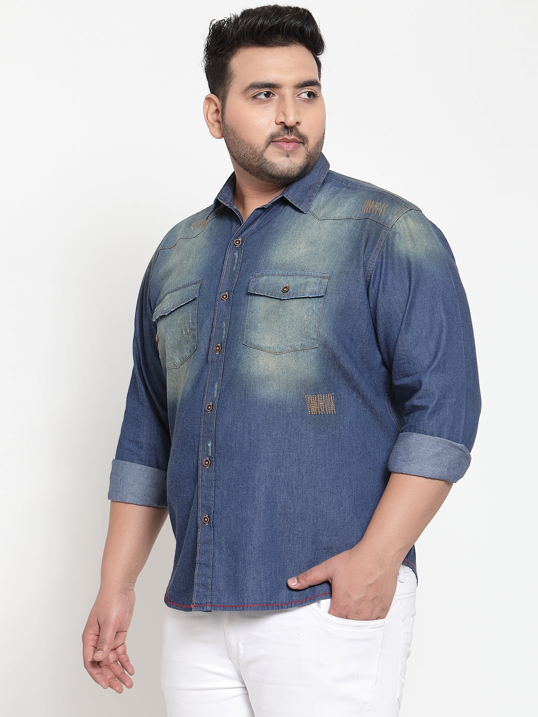 plusS Men Blue Regular Fit Faded Denim Casual Shirt