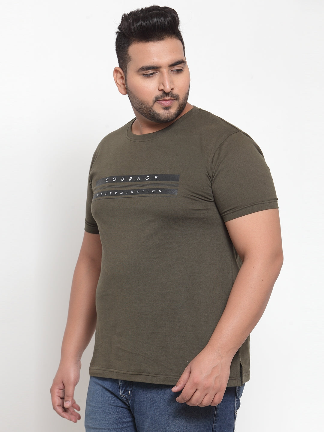Men Olive Green Printed Round Neck Pure Cotton T-shirt