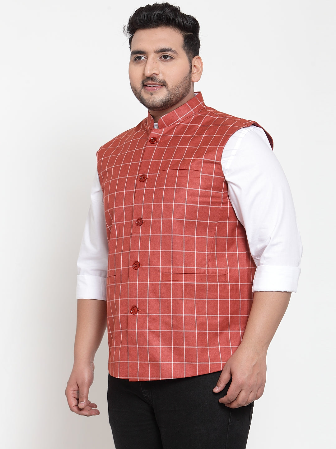 Men Orange & White Checked Waistcoat