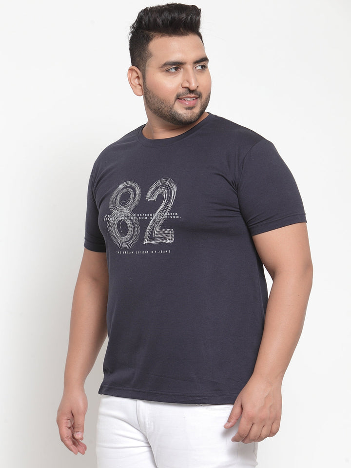 Men Navy Blue Printed Round Neck Pure Cotton T-shirt