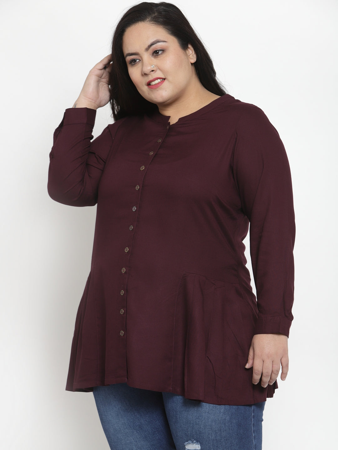 plusS Women Burgundy Solid Shirt Style Top