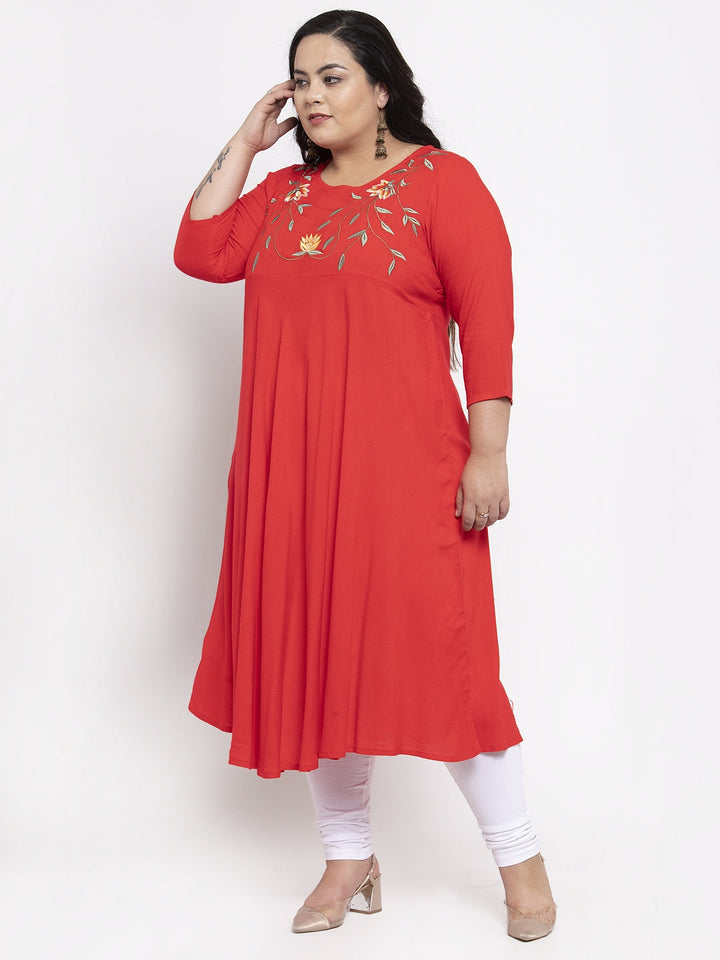 plusS Women Red Embroidered A-Line Kurta