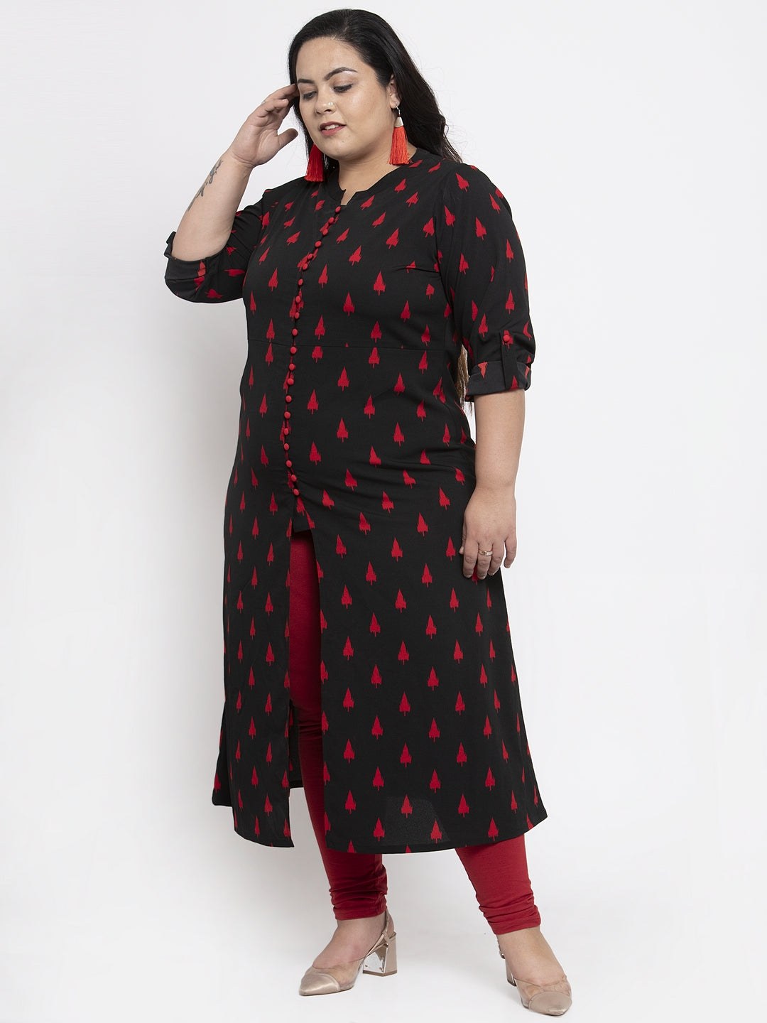 Women Black & Red Printed A-Line Kurta