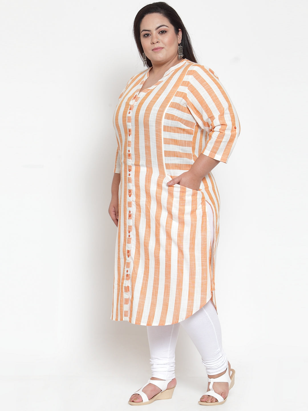 Women White & Orange Striped Tunic