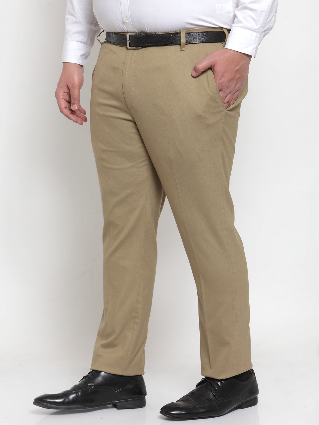 Men Beige Regular Fit Solid Plus Size Formal Trousers