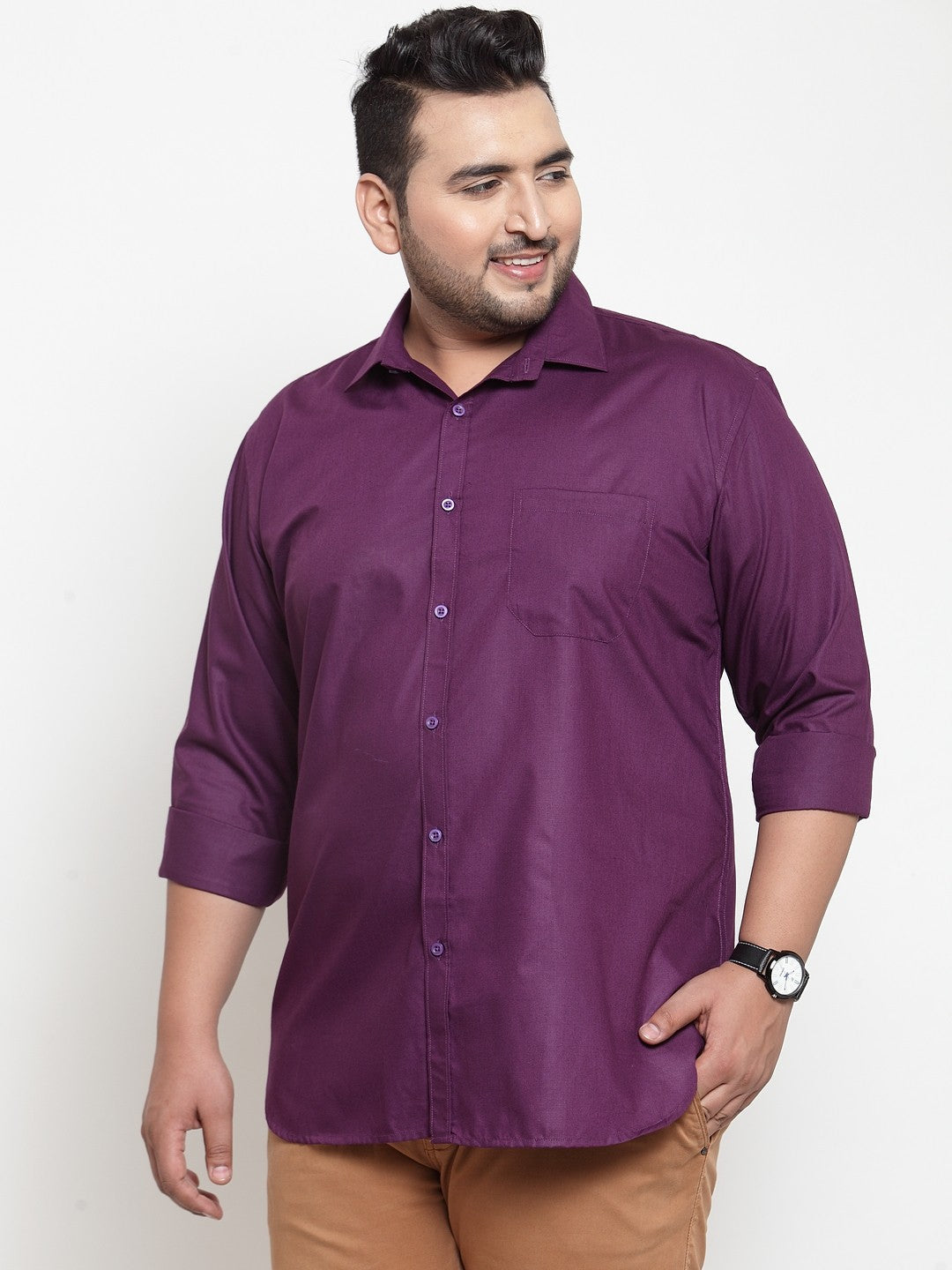 plusS Men Purple Regular Fit Solid Casual Shirt