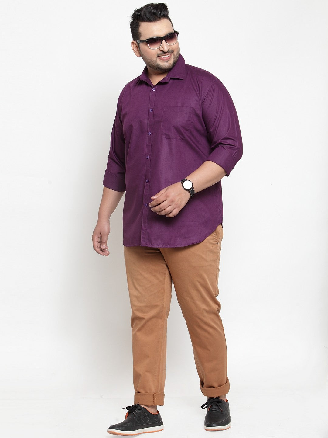 plusS Men Purple Regular Fit Solid Casual Shirt