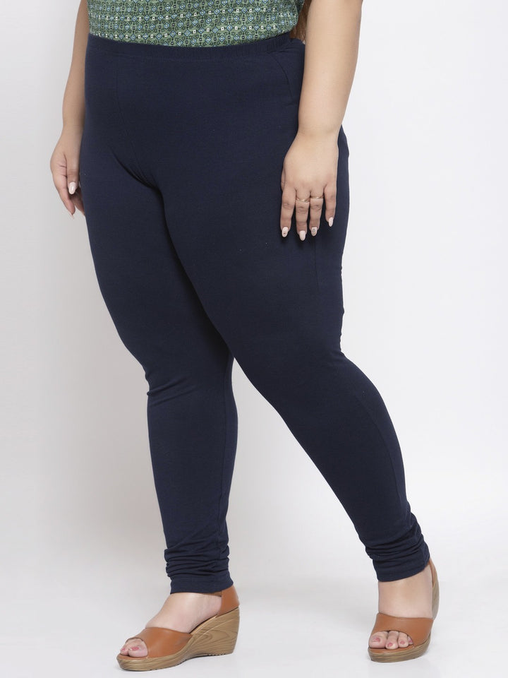 plusS Navy Blue Solid Plus Size Churidar-Length Leggings