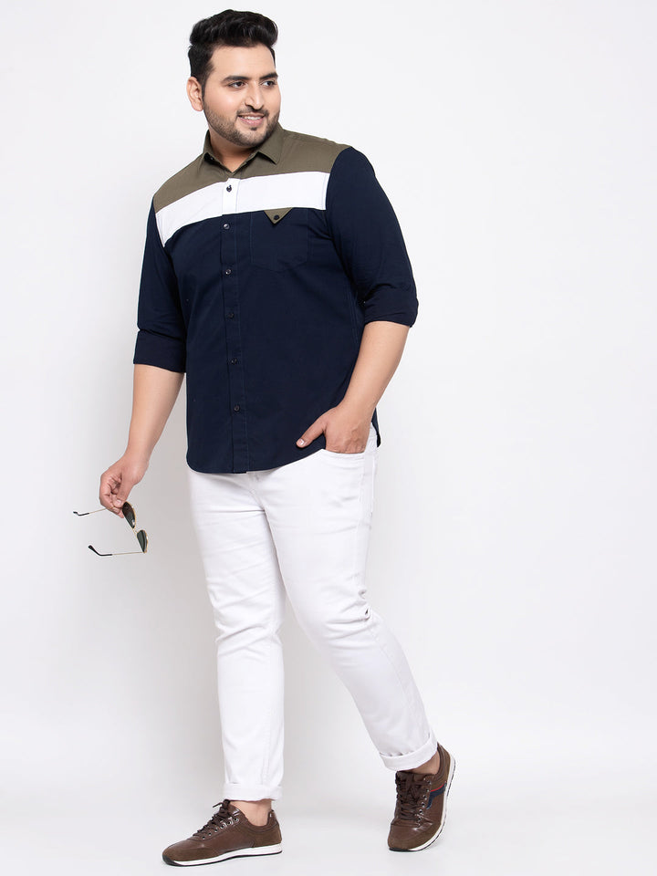 plusS Men Navy Blue  White Regular Fit Striped Casual Shirt