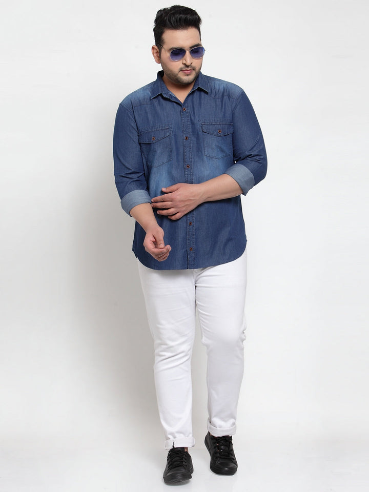 Men Blue Regular Fit Solid Casual Denim Shirt