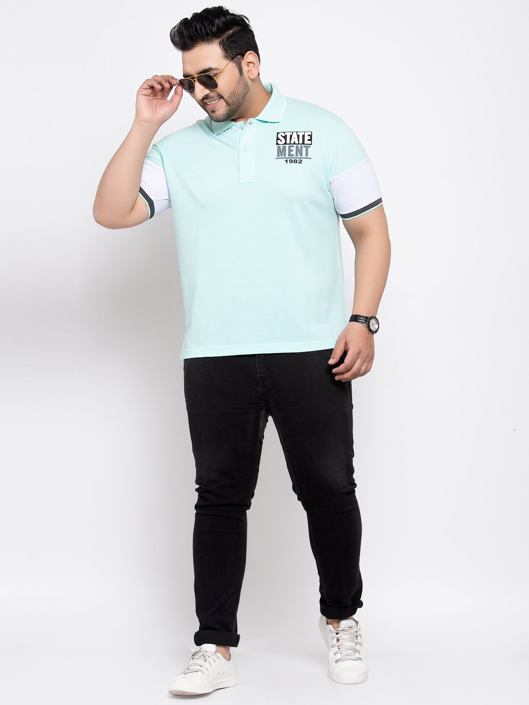 Men Sea Green White Printed Polo Collar Cotton Pure Cotton T-shirt