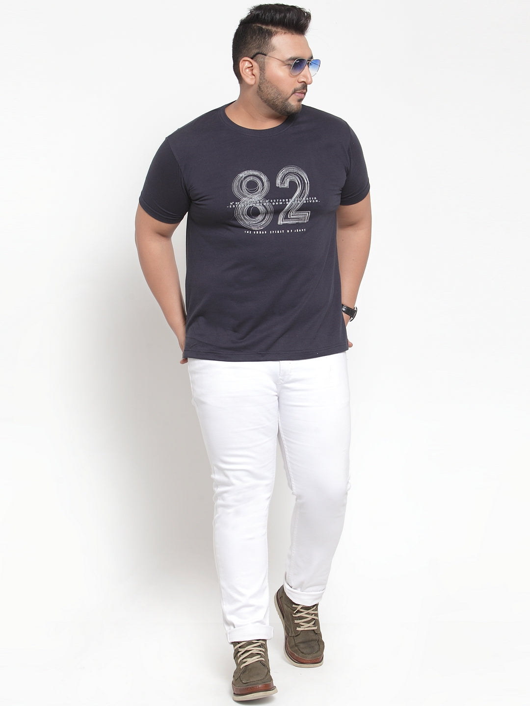 Men Navy Blue Printed Round Neck Pure Cotton T-shirt