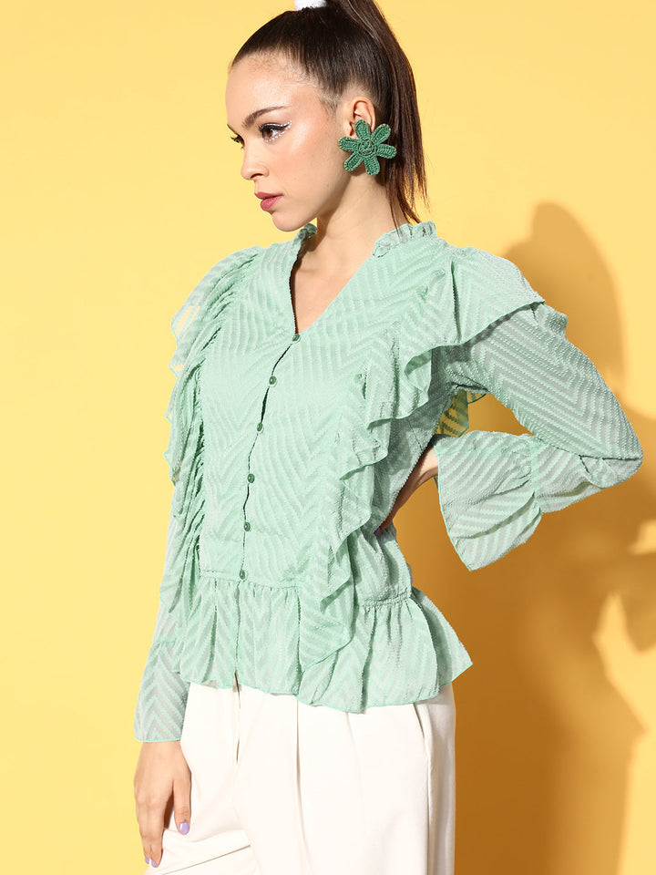 plusS Enchanting Sea Green Abstract Feminine Frills Top