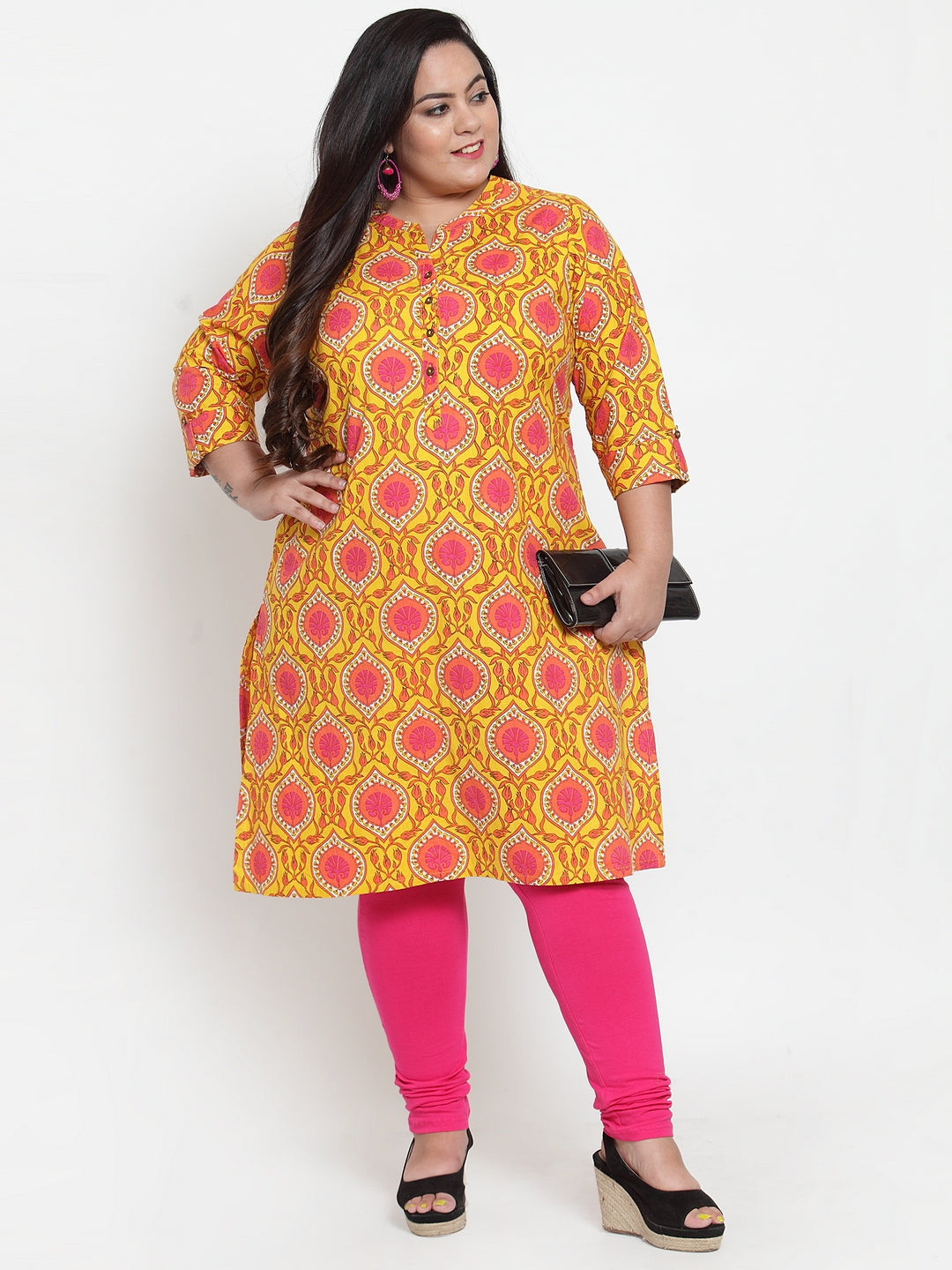 plusS Women Yellow  Pink Printed Straight Kurta