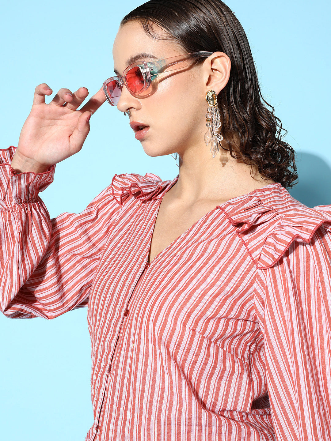 plusS Charming Red Vertical Striped Ruffled Top