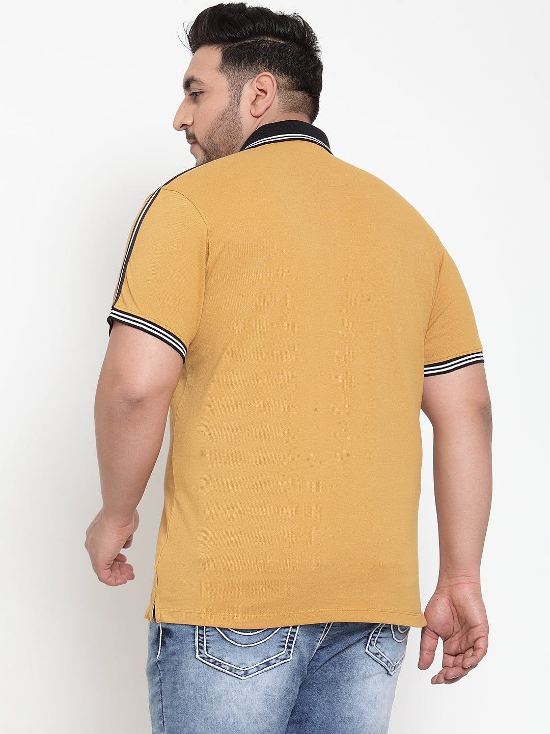 plusS Men Mustard Yellow  Black Solid Polo Collar Pure Cotton T-shirt