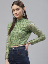 plusS Women Green Poly Georgette Sequined High Neck Crop Top