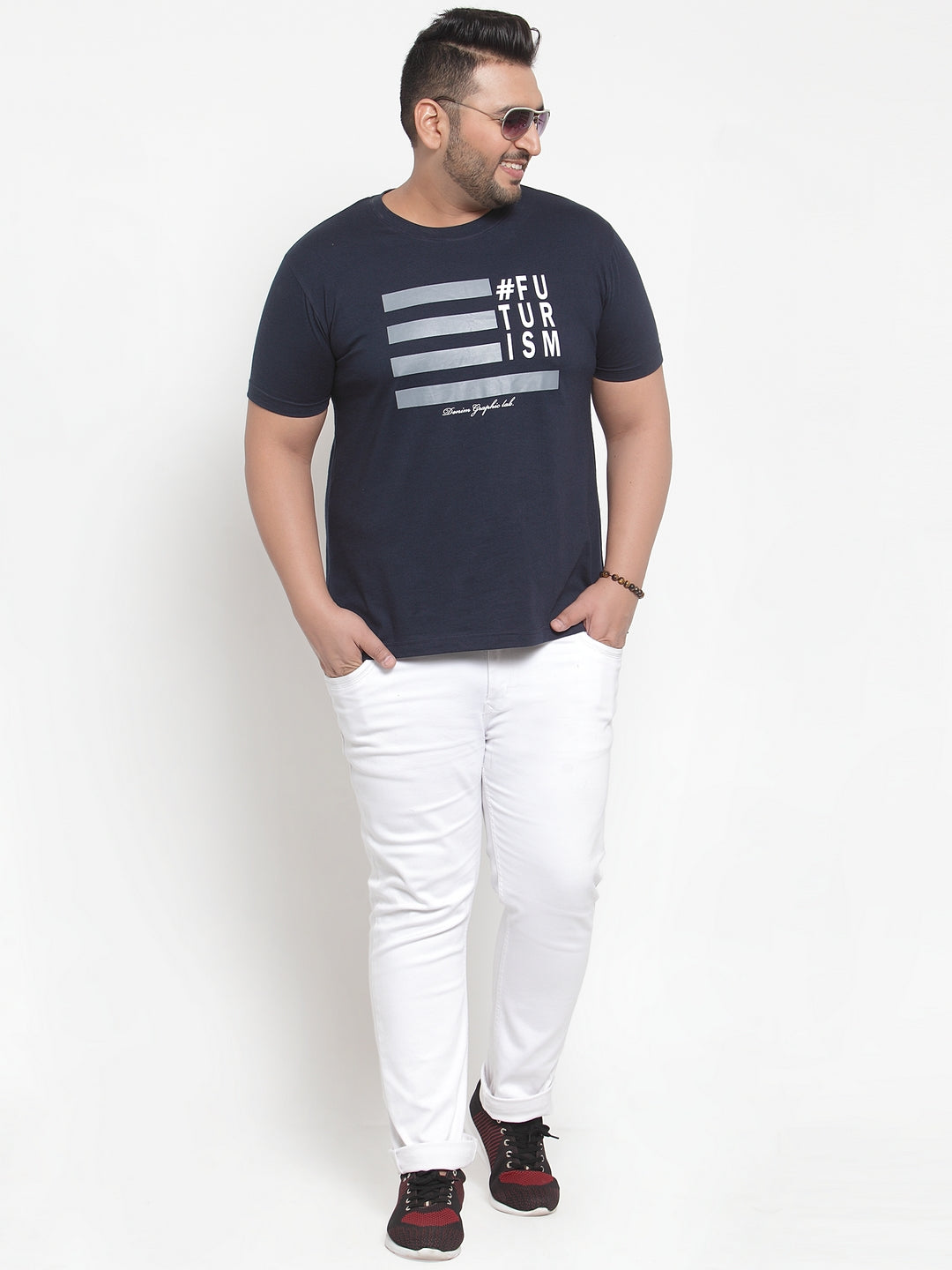 Men Navy Blue Printed Round Neck Pure Cotton T-shirt