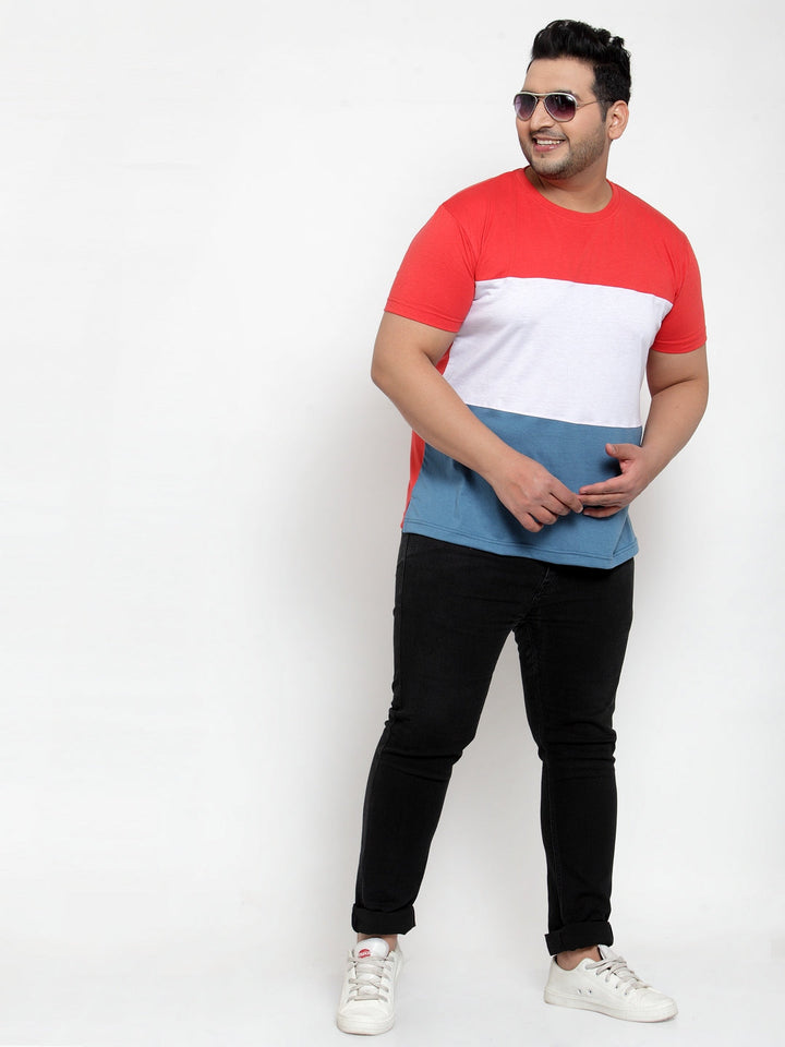 plusS Plus Size Men Pink  White Colourblocked Cotton T-shirt