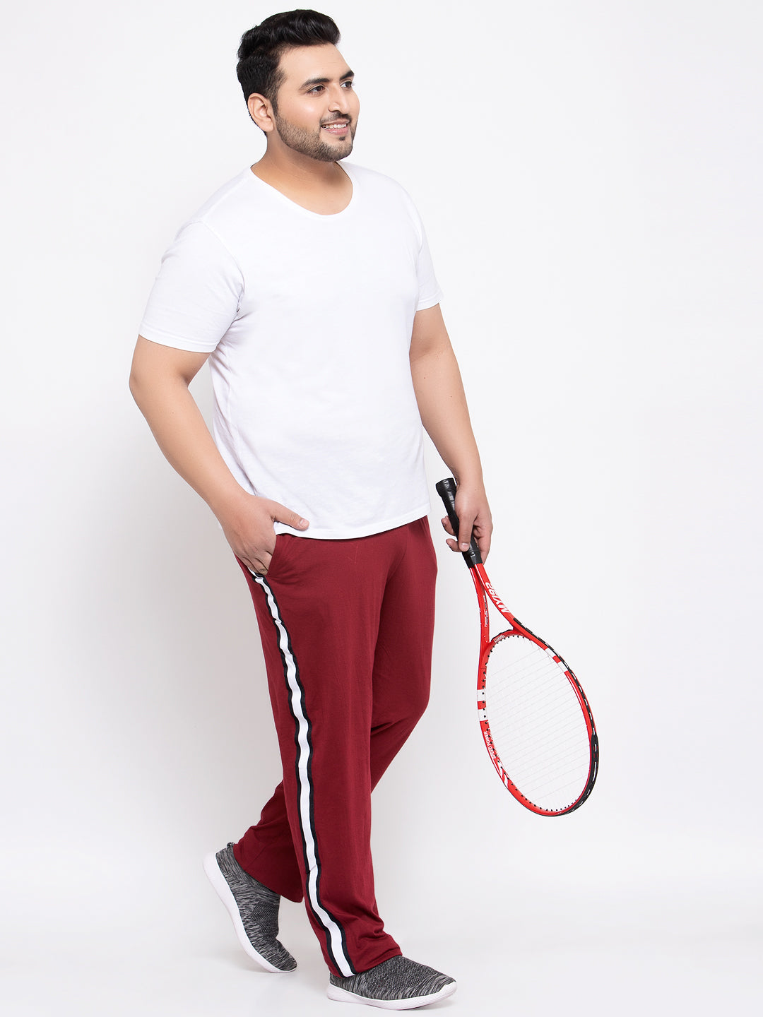 Men Plus Size Red Solid Straight-Fit Cotton Track Pants