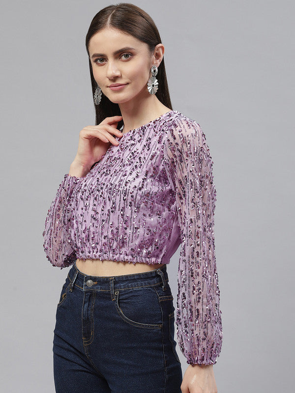 plusS Women Lavender Sequined Georgette Crop Top