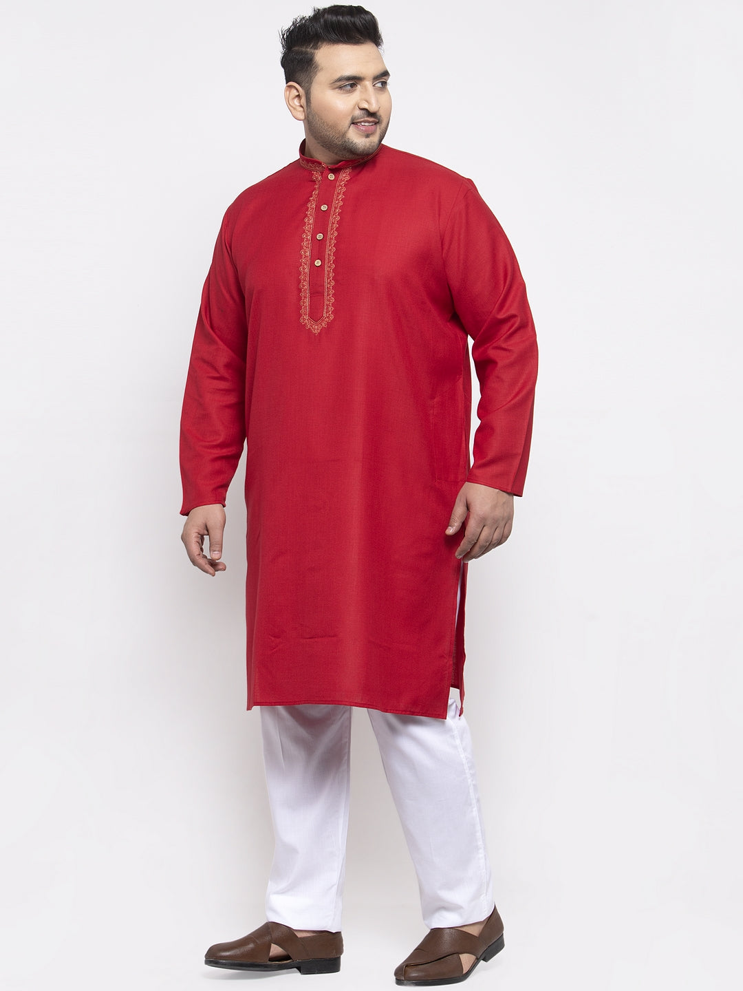 plusS Men Red Solid Kurta with Pyjamas