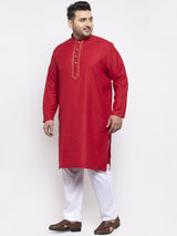 plusS Men Red Solid Kurta with Pyjamas