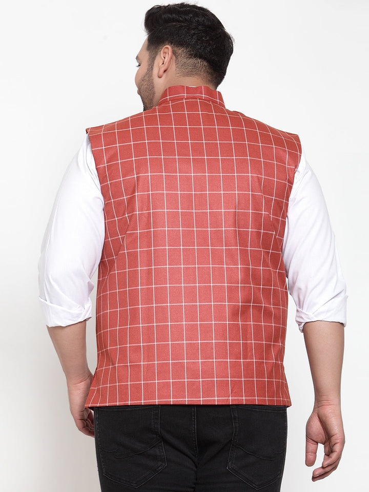 Men Orange & White Checked Waistcoat