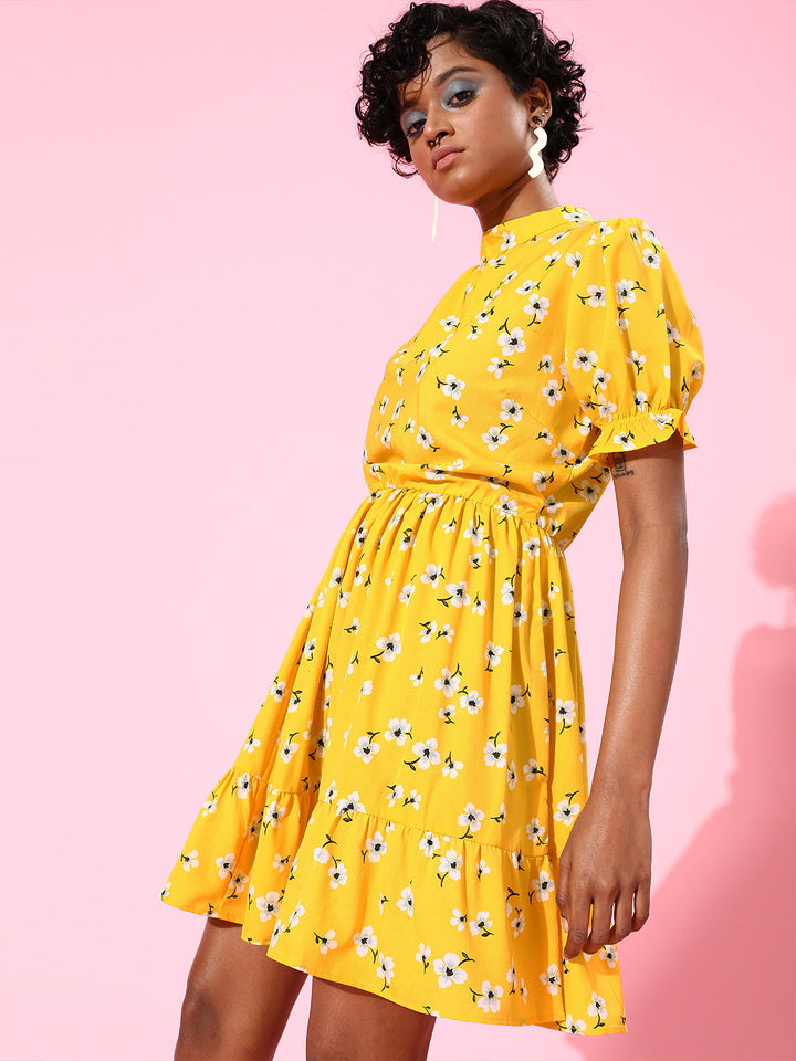 plusS Women Bright Yellow Floral Sweetheart Neck Dress