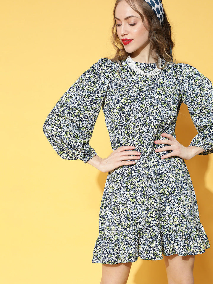 plusS Stunning Blue Floral Puff Sleeves Dress