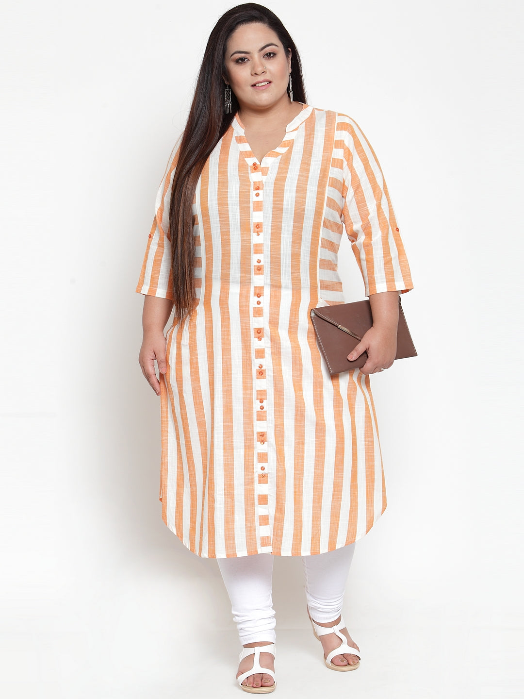 Women White & Orange Striped Tunic