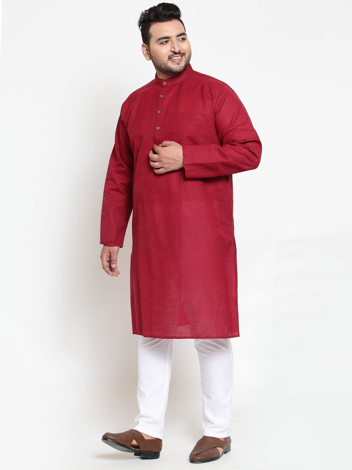 plusS Men Maroon  White Solid Kurta with Pyjamas