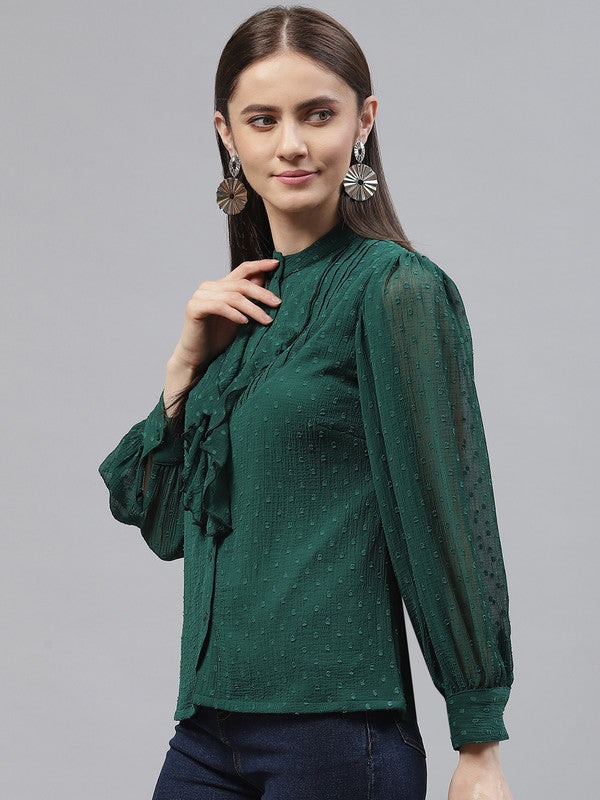 plusS Women Green Poly Georgette Mandarin Collar Ruffles Top