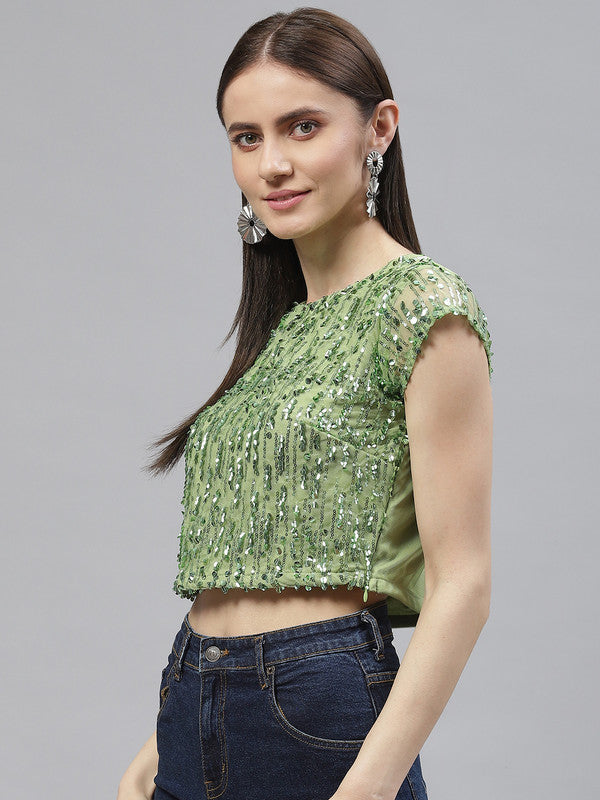 plusS Women Green Poly Georgette Sequined Crop Top