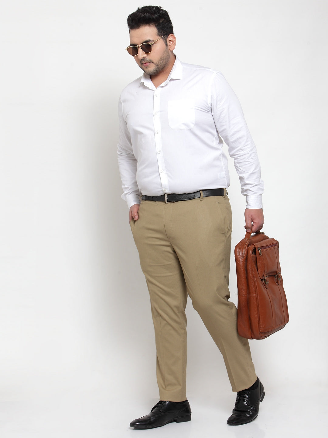 Men Beige Regular Fit Solid Plus Size Formal Trousers