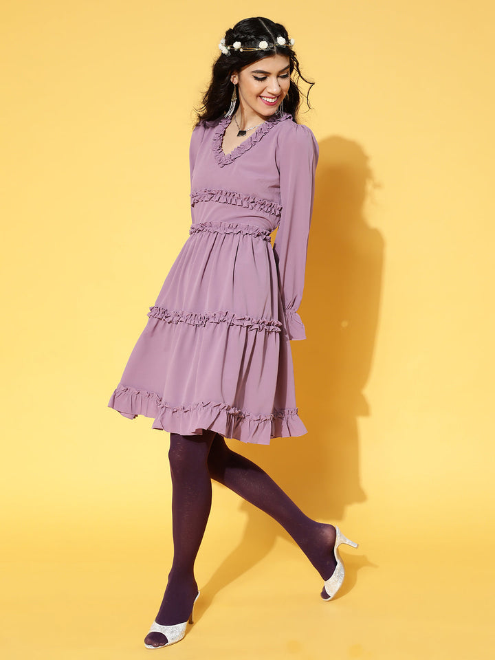 plusS Elegant Mauve Solid Ruffled Dress