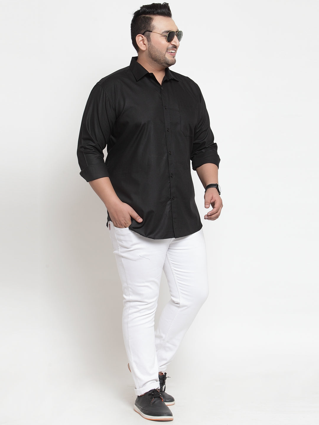 plusS Men Black Cotton Plus Size Casual Shirt