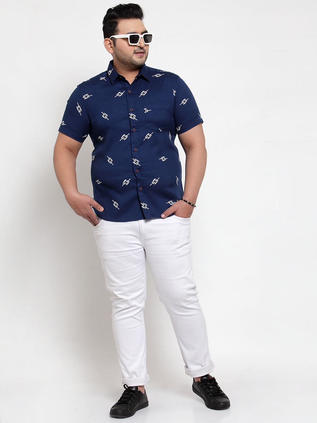 plusS Men Navy Blue Regular Fit Printed Casual Cotton Shirt