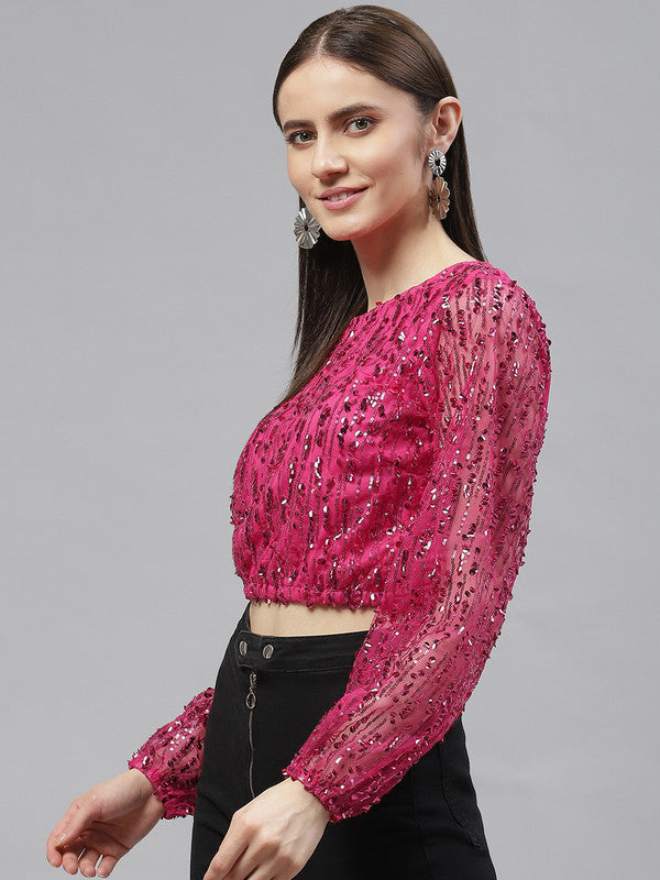 plusS Women Fuchsia Poly Georgette Sequinned Puff Sleeves Crop Top